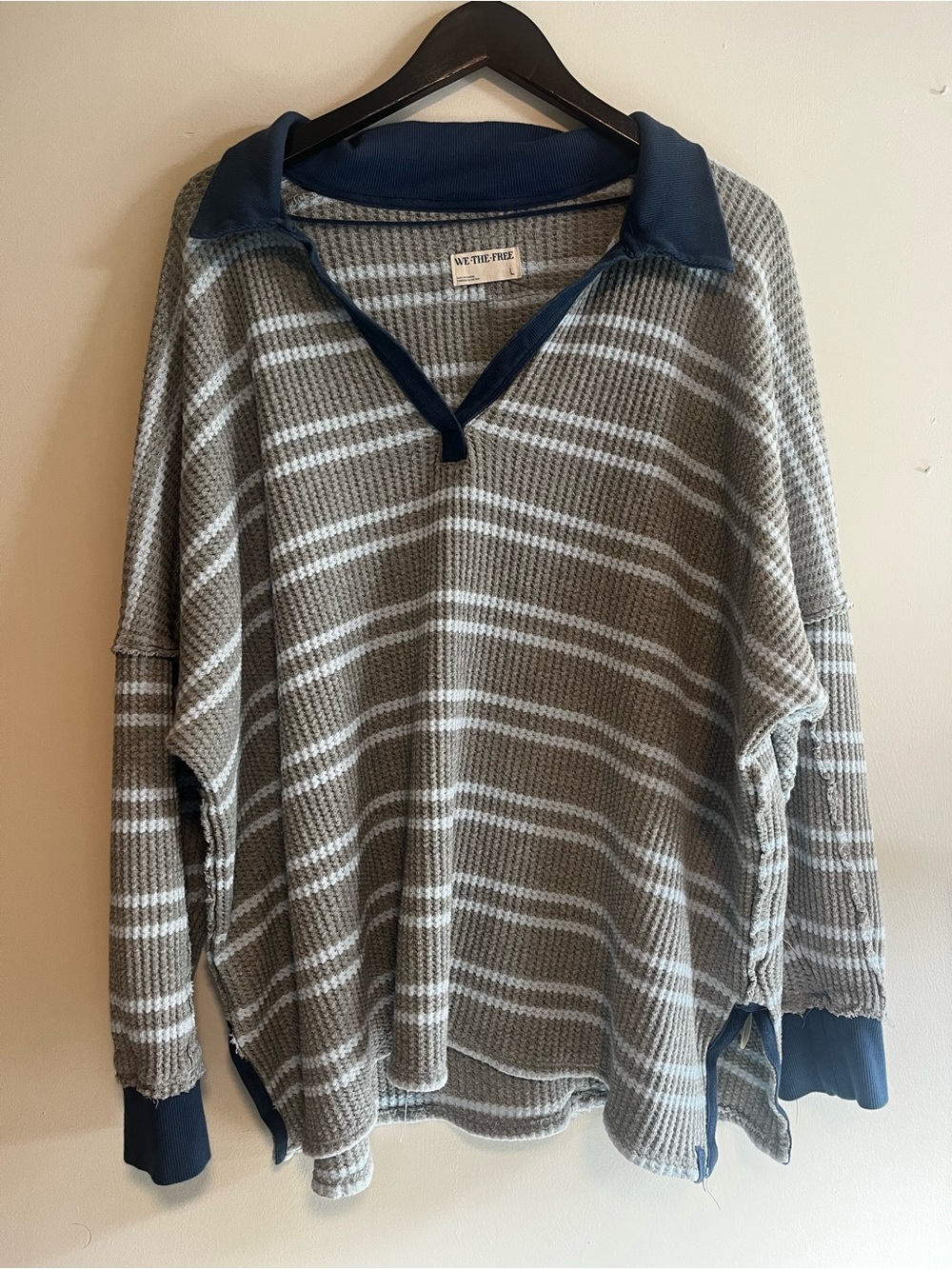 We The Free 97% Cotton Striped Waffle Knit Polo Sweater - Gray & Navy